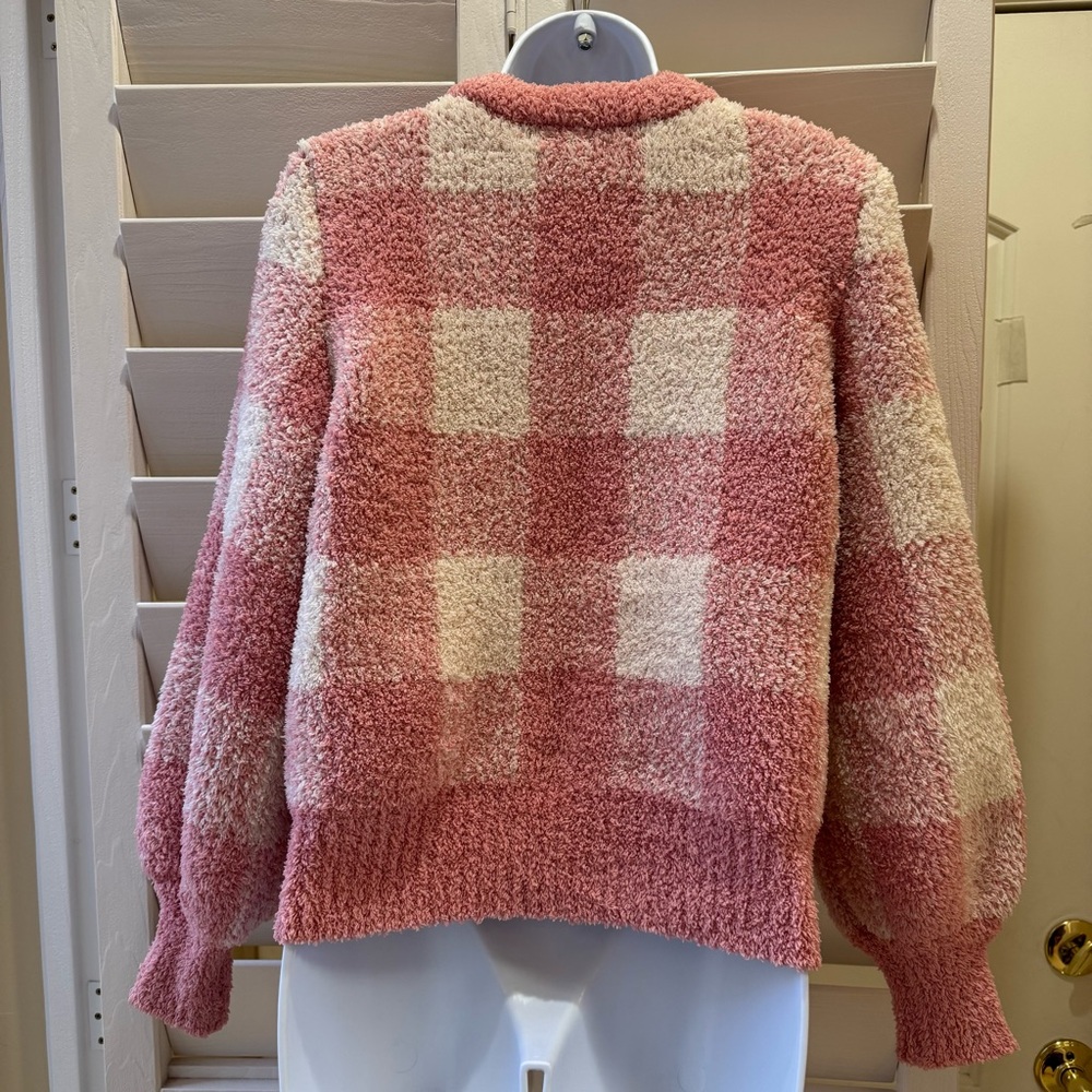 LC Lauren Conrad Cozy Pink Cream Plaid Long Sleeve Thick Knit Sweater Womens L - Picture 2 of 10